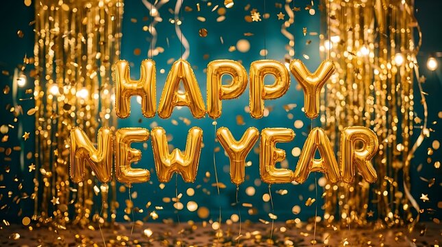 Gold foil balloons spelling happy new year against a festive teal background with golden falling confetti