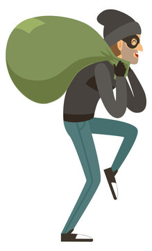 Happy thief escaping with money bag. Criminal character