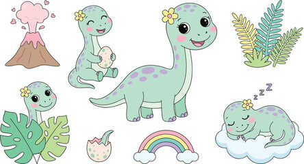 Naklejka premium Cute Girl Dinosaur Cartoon Character Mascot Set with Volcano Rainbow and Tropical Plants for Nursery School Room Kids Graphic Sticker Designs
