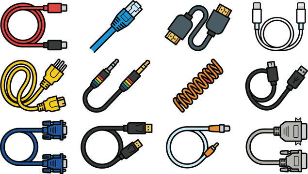 Electronic Computer Cable and Hardware Connector Icon Set with HDMI USB VGA Ethernet Power and Audio Wires for Network Technology Graphic Designs