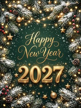 Happy New Year 2027 greeting card with festive snowy pine branches and golden Christmas ornaments on a dark green background
