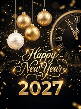 Happy New Year 2027 greeting card with golden clock and festive decorative Christmas ornaments
