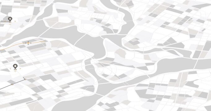 Minimalist Geospatial isometric City Map with Location Markers and Orange Travel Routes dotted trajectory begin to extend across the terrain.