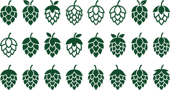 Green Hop Cone Silhouettes Collection Botanical Beer Ingredient Vector Illustration Set