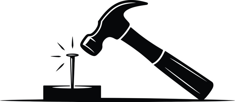 Hammer hitting a nail, carpenters hammer striking metal nail vector illustration, carpentry symbol for construction, woodworking, repair, tools, and craftsmanship.