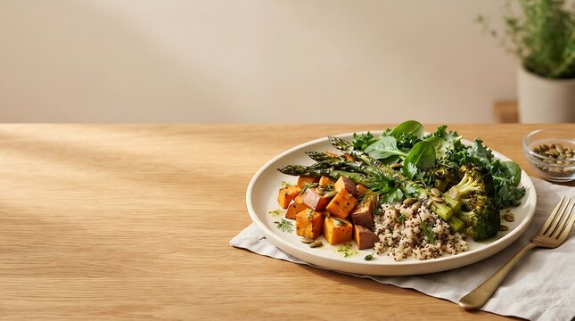 A plated meal featuring roasted sweet potatoes asparagus kale and quinoa rests on a light wood surface sweetpotato broccoli vegetables