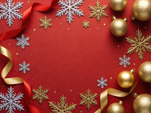 Festive horizontal background with snowflake, ribbon and golden baubles on red. Perfect christmas template for sale banners and greetings.