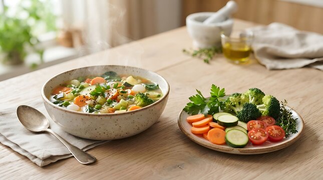 A steaming bowl of vegetable soup with fresh ingredients and a side of crudit s sits on a wooden table