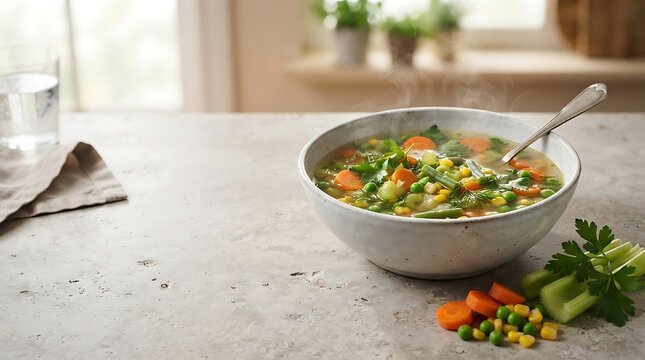 A steaming bowl of vegetable soup with carrots peas and herbs sits on a light countertop carrot green beans parsley