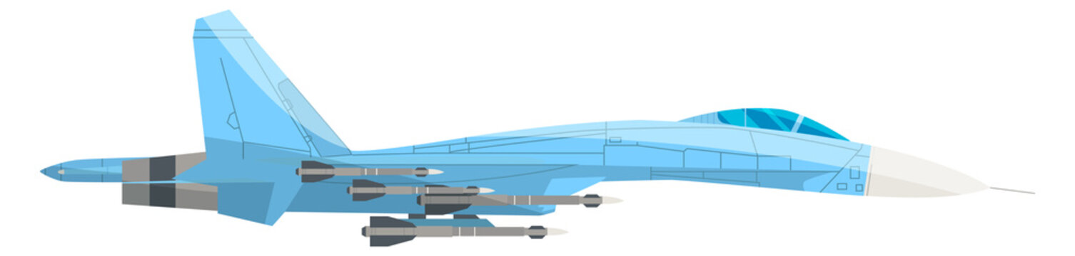Fighter jet side view. Military airplane cartoon icon