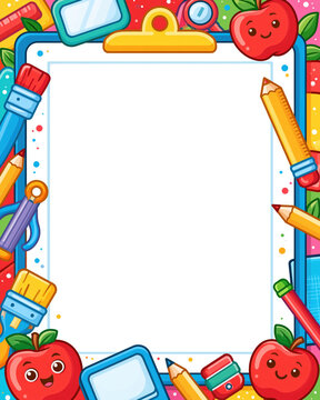 School frame cartoon border colorful pencil cute apple classroom theme back to school first day of school education template kids stationery photo prop School frame with cartoon border