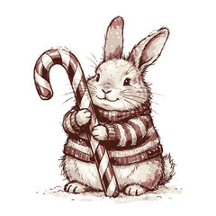 Fototapeta premium A fluffy rabbit wearing a striped sweater holding a candy cane against a white background with sweater stands upright while holding large