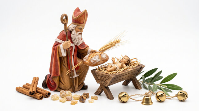 Saint Nicholas figurine kneeling before baby Jesus in wooden straw manger isolated on white background stock photo&mdash;featuring bishop miter and staff, crusty artisan bread, golden wheat sheaf, frankince