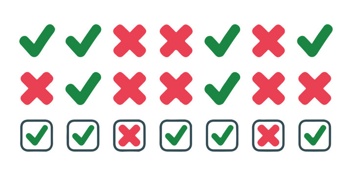 Green check mark and red cross mark collection for positive and negative decision making UI design.