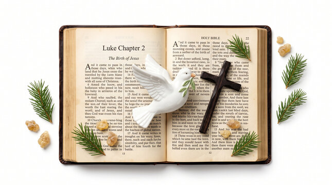 Open antique Bible to Luke Chapter 2 the Birth of Jesus with carved wooden cross and white dove of peace isolated on white background stock photo&mdash;featuring frankincense resin tears, evergreen pine spr