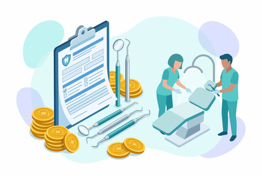 Isometric Dental Insurance Claim Form and Oral Healthcare Illustration