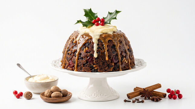 Traditional British Christmas plum pudding with dripping brandy cream sauce on white cake stand isolated on white background stock photo&mdash;featuring fresh holly leaves with red berries, whole nutmeg, ci