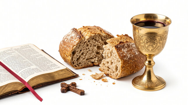 Holy communion sacrament with broken artisanal bread loaf, engraved brass wine chalice, and open Bible isolated on white background stock photo&mdash;featuring red sacramental wine, wooden cross, red ribbon