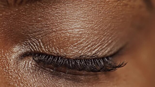 Macro high resolution close up of a human eye iris detail highlighting intricate ocular textures, pupil contraction, and long eyelashes for a vision and optometry concept.