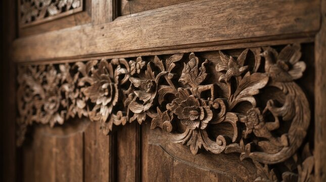 Close-up of Intricate Traditional Javanese Wood Carving on Antique Door