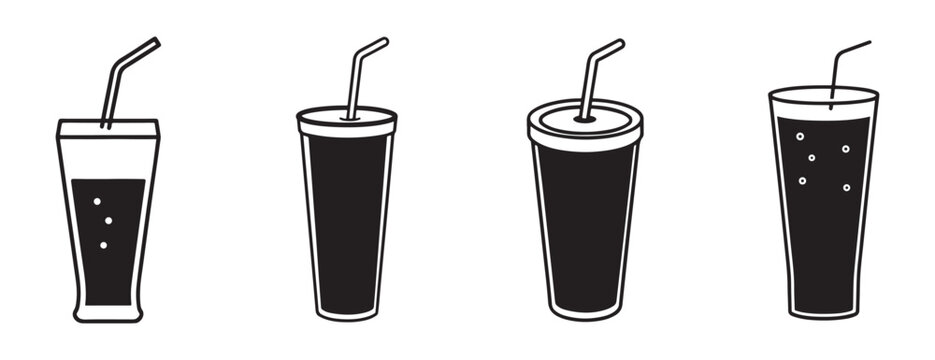  glasses of soda with straws in various styles and fullness levels on white background