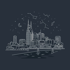 Obraz premium Minimalist city skyline line art with starry night sky and bridge over river