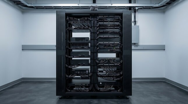 Professional av rack with organized wiring and server equipment in a modern data center technology room