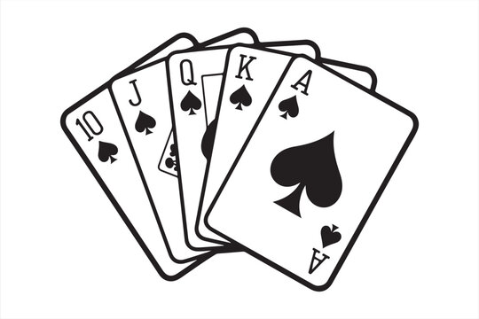 Black royal flush in spades a classic hand of playing cards silhouette flat vector isolated illustration design