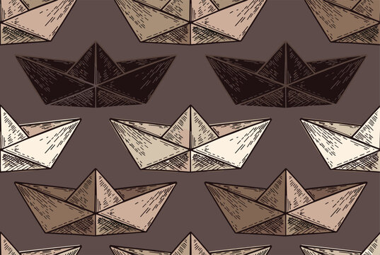 Hand drawn seamless pattern featuring origami paper boats of different shades of brown and white on dark background.