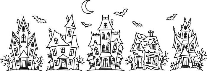 Fototapeta premium Set of five hand drawn haunted house silhouettes for Halloween design