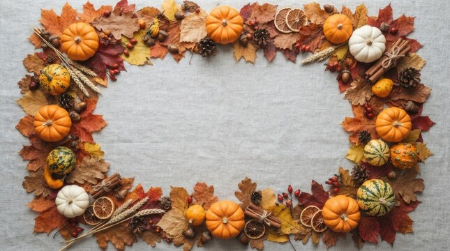 A beautiful autumn wreath of pumpkins and colorful leaves perfect for thanksgiving decorations and fall festivities