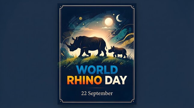 World rhino day poster featuring rhinos silhouetted against a vibrant sunset landscape