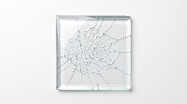 Square piece of shattered glass with cracks isolated on a plain surface