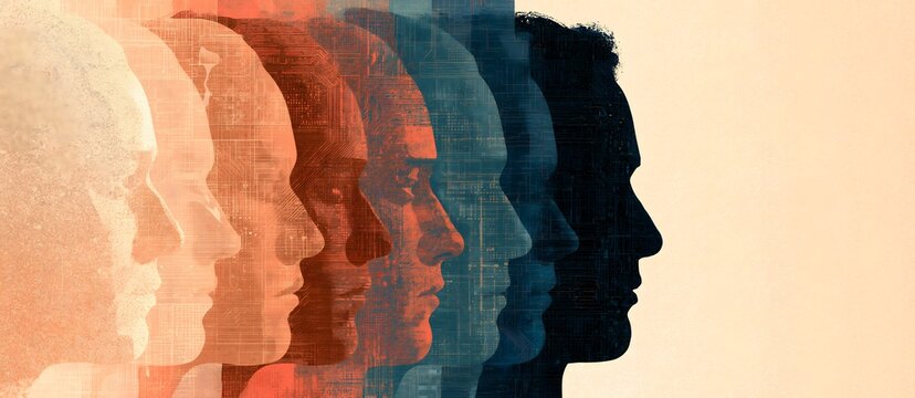 Digital identity evolution concept showing overlapping human profiles with circuit board textures representing cognitive development and cybernetics