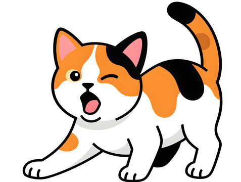Cute Calico Cat Stretching and Winking Isolated on Transparent Background