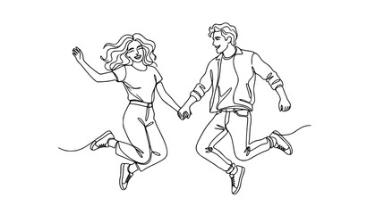 Fototapeta premium SEO Title: Happy Jumping Couple Continuous One Line Art Vector Illustration
