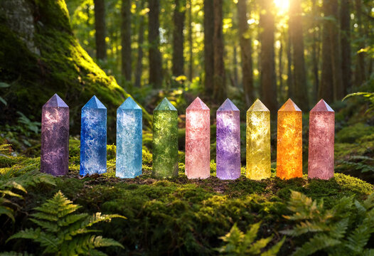Colorful glowing crystal obelisks arranged in a mystical forest with sunlight filtering through trees