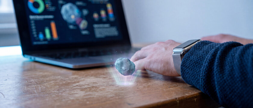 Data analytics dashboard platform, professional analyzing holographic 3D object projection with KPI charts on laptop, business intelligence, predictive modeling, performance reporting and decision