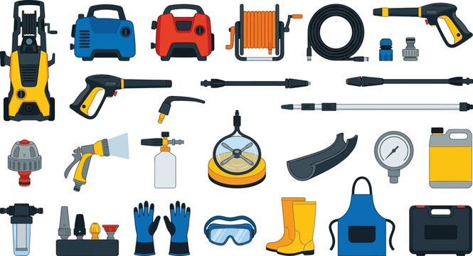 Pressure washer equipment collection clean service tools and accessories flat design vector illustration
