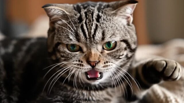 Expressive close-up portrait of a worried shorthair tabby cat meowing for attention, featuring a distressed and concerned facial expression while vocalizing in a domestic environment.