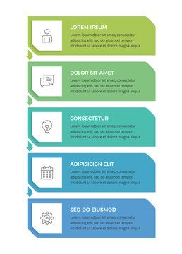 Vertical infographic template featuring step-sequence diagram with five elements connected by downward arrows