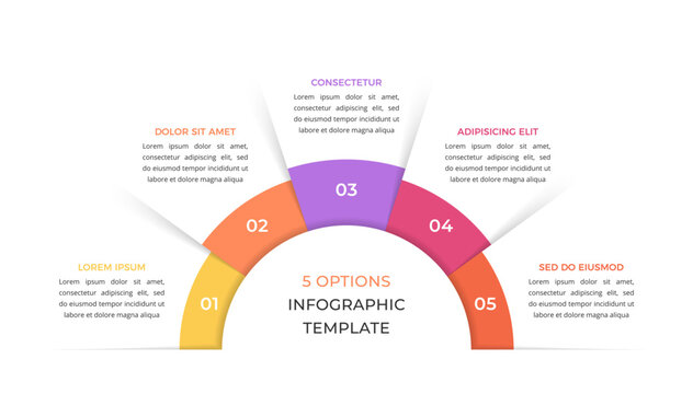 Arch-shaped infographic template with five numbered segments arranged in a semicircular arc, with radiating dividers separating each section, useful for presenting options or sequential steps