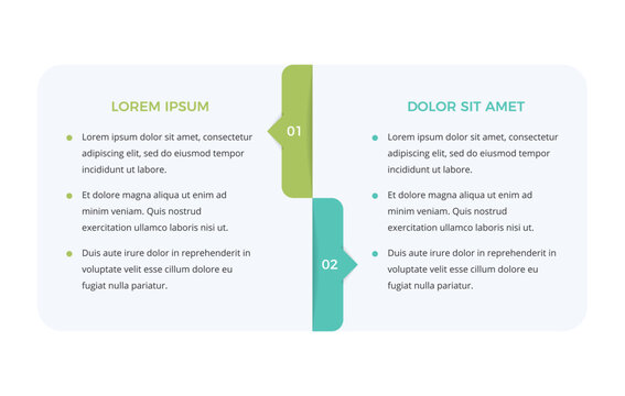 Two option comparison infographic template with side by side panels and central arrow tabs. 2 options business chart or graphic for plan and strategy. Vector template