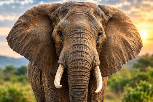 Majestic African Elephant Close-Up Portrait in Golden Hour