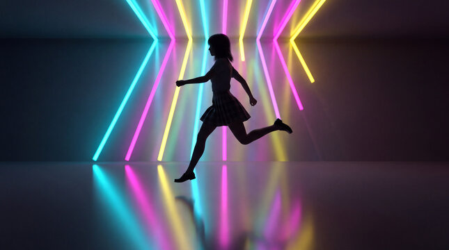 A silhouette of a girl in a skirt running past bright blue, yellow, and pink neon light tubes in a dark, reflective studio environment.