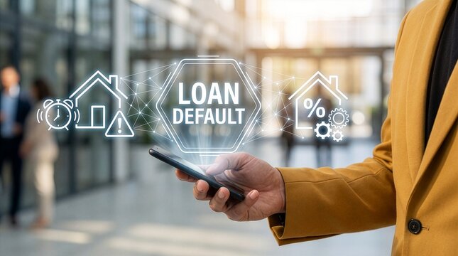 Person using smartphone with digital loan default and mortgage icons overlay.Concept of loan default new concept