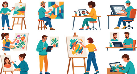 Fototapeta premium Diverse artists creating art on canvas and digital tablets representing creativity and modern illustration for design projects