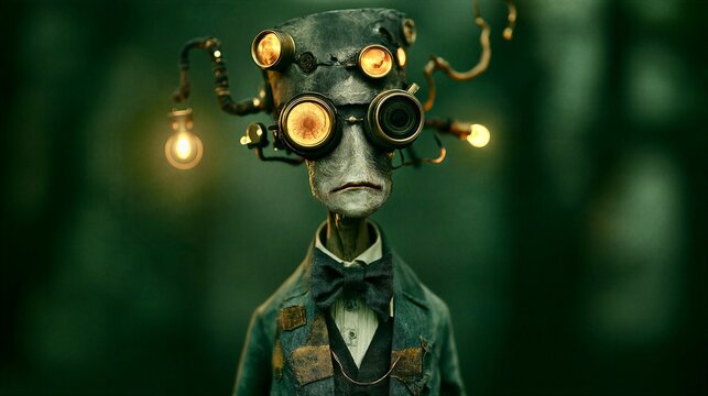 Steampunk Alien Inventor with Mechanical Helmet Glowing Lightbulbs and Vintage Goggles in Dark Forest Portrait 