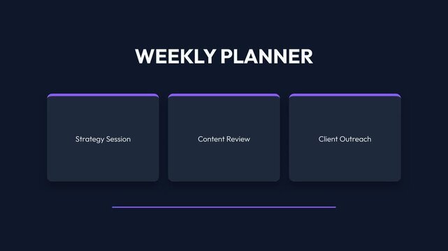 Dynamic animated weekly planner interface with three sleek purple-outlined task boxes displaying 'Strategy Session', 'Content Review', 'Client Outreach' on a dark background