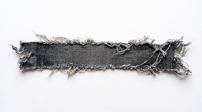 Black denim fabric strip with frayed edges and rough texture